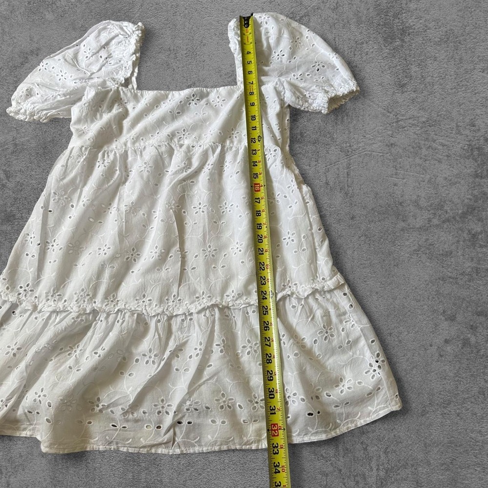 H&M White Eyelet Puff Sleeve Tiered Babydoll Mini Dress Womens Size M - Picture 4 of 5